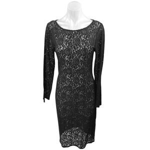 Paul Stuart Women's Black Lace Floral Long Sleeve Sheer Midi Bodycon Dress Sz M
